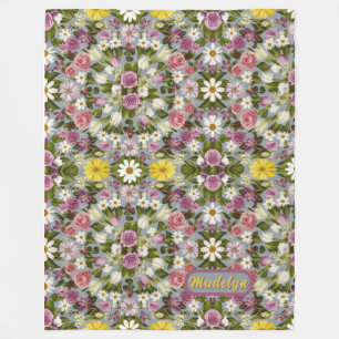 Violet White And Pink Flowers Fleece Blanket