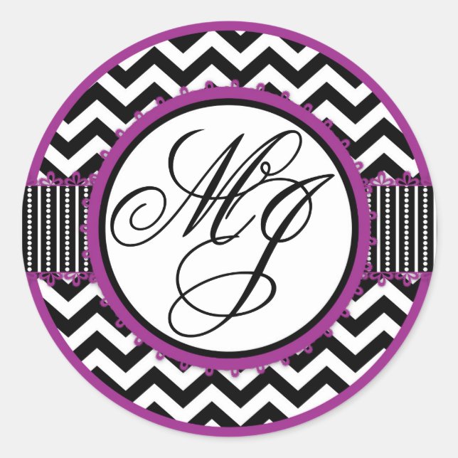 Violet, White, & Black Chevron Print Monogram Classic Round Sticker (Front)