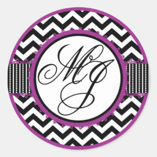 Violet, White, & Black Chevron Print Monogram Classic Round Sticker