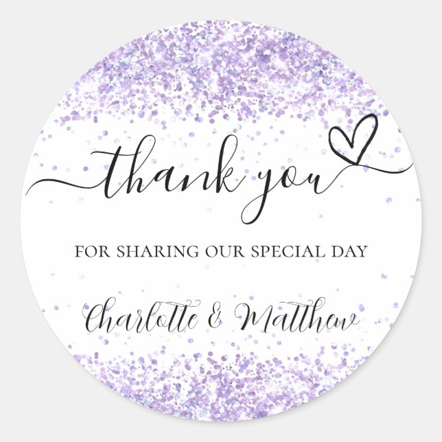 Violet white confetti thank you wedding classic round sticker (Front)