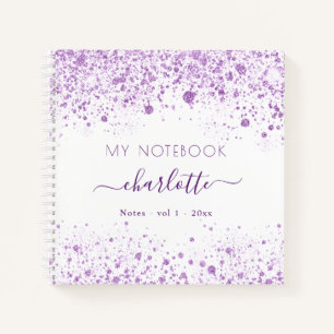 Violet white glitter dust purple name script notebook