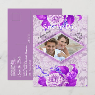 Violet/ White Rose Flowers on Green pattern paper  Announcement Postcard