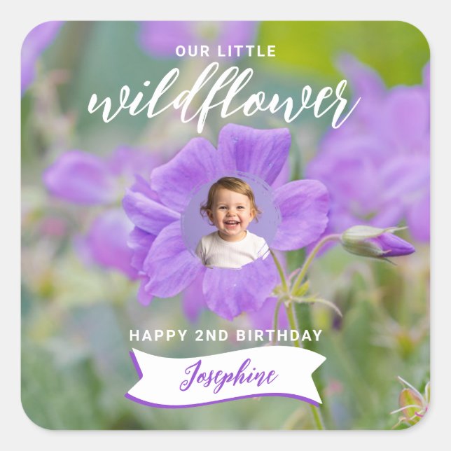 Violet Wildflower Custom Photo Happy Birthday Square Sticker (Front)