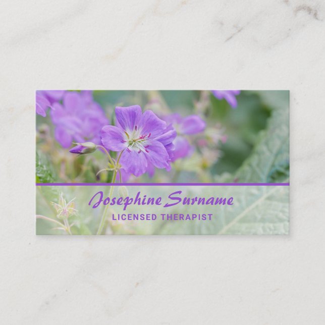 Violet Wildflower Flowers Photo Pretty Therapist  Business Card (Front)