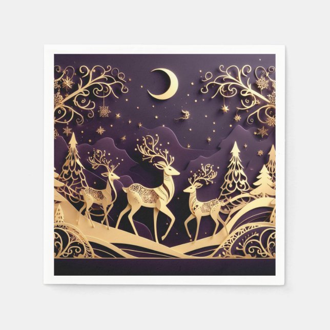 Violet Winter Whimsy – Moonlit Deer Christmas Napkin (Front)