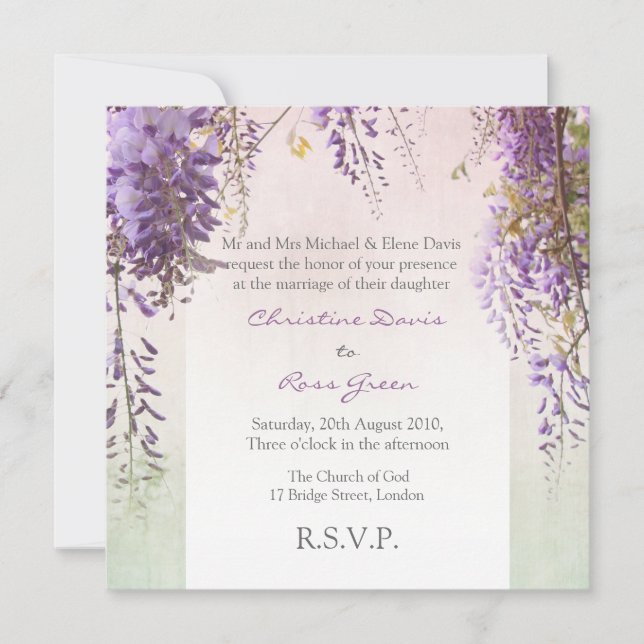 Violet wisteria personalised wedding invitation (Front)