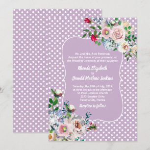 Violet with White Polka Dots and Flowers Wedding Invitation