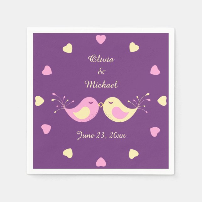 Violet Yellow Love Birds Bridal Shower Napkin (Front)