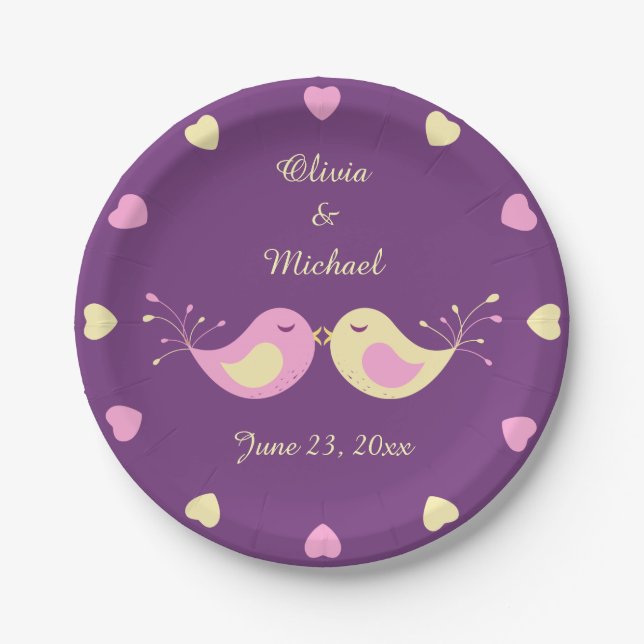 Violet Yellow Love Birds Personalised Paper Plate (Front)