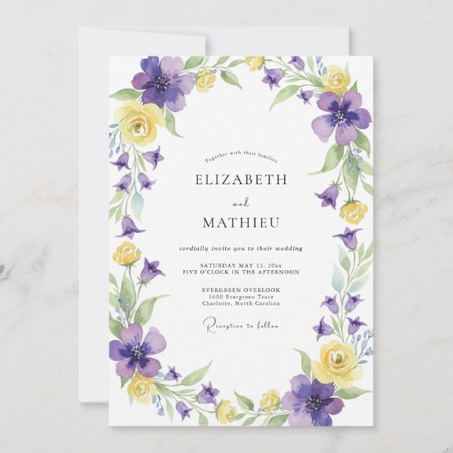 Violet Yellow Wildflower Wedding Invitation (Front)