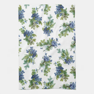 Violets and Snow Covered Pine Branches Tea Towel