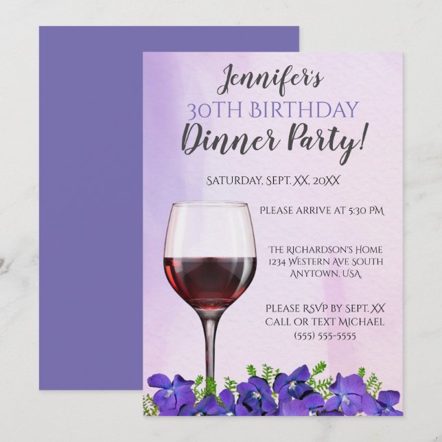 Violets and Wine Glass 30th Birthday Dinner Party Invitation (Front/Back)