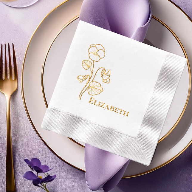 Violets Floral Outline Foil Stamped Napkins (Elegant Violets Floral Outline and Foil Stamped Napkins)