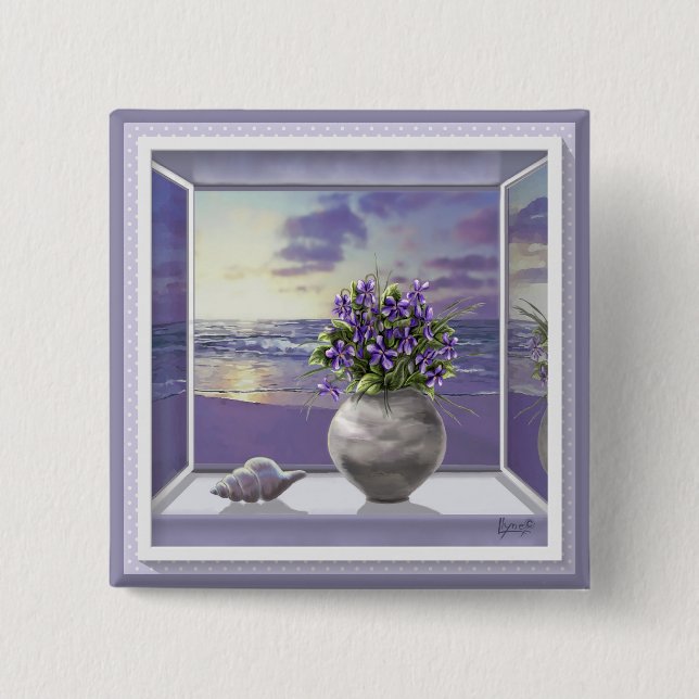 violets in a moon jar 15 cm square badge (Front)