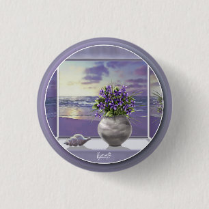 violets in a moon jar 3 cm round badge