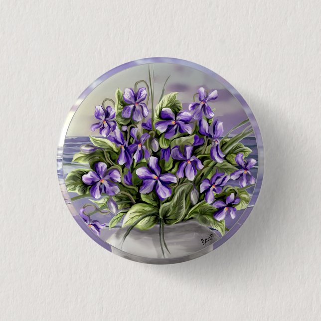 violets in a moon jar 3 cm round badge (Front)