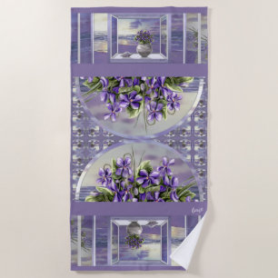 violets in a moon jar beach towel