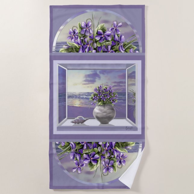 violets in a moon jar beach towel (Front)