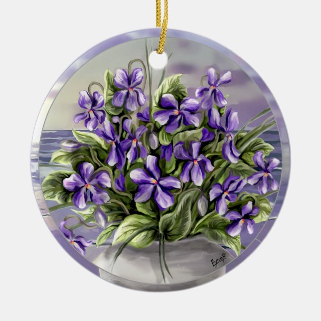 violets in a moon jar ceramic tree decoration (Front)