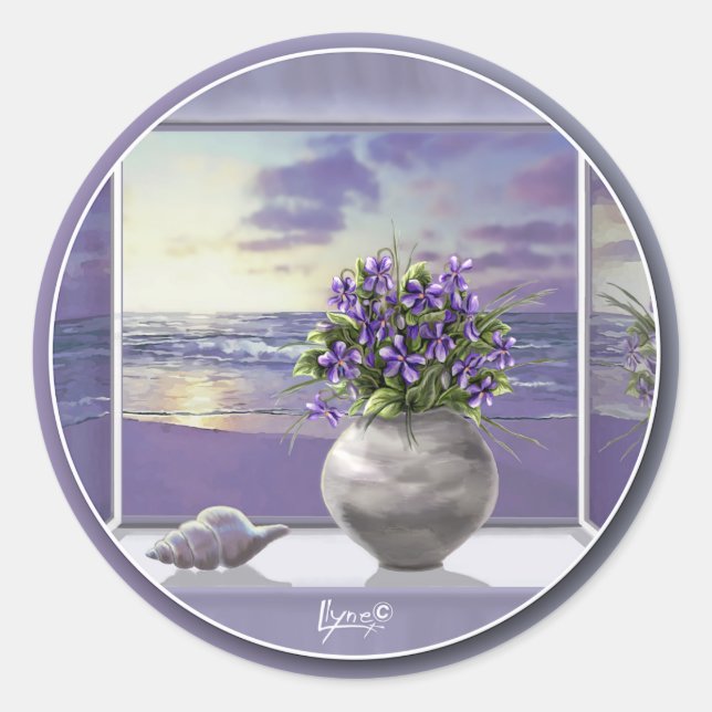 violets in a moon jar classic round sticker (Front)