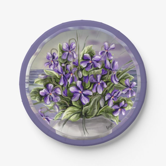 violets in a moon jar paper plate (Front)