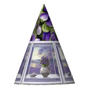 violets in a moon jar party hat