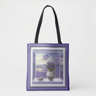 violets in a moon jar tote bag