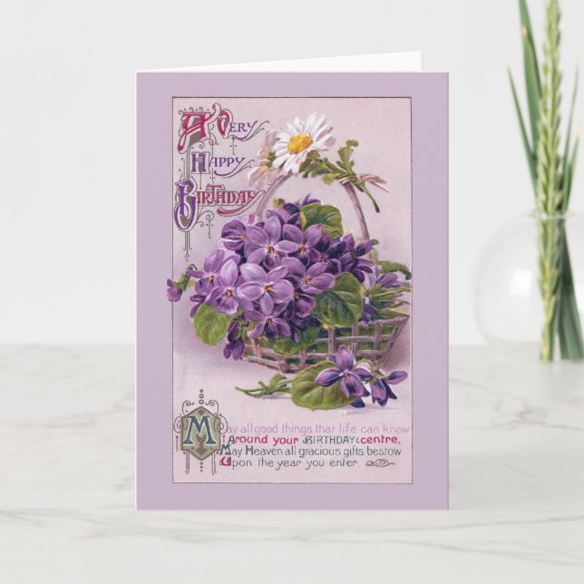 Violets in Basket Vintage Birthday Card (Front)