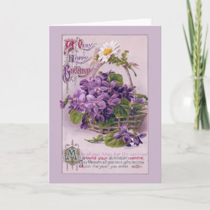 Violets in Basket Vintage Birthday Card