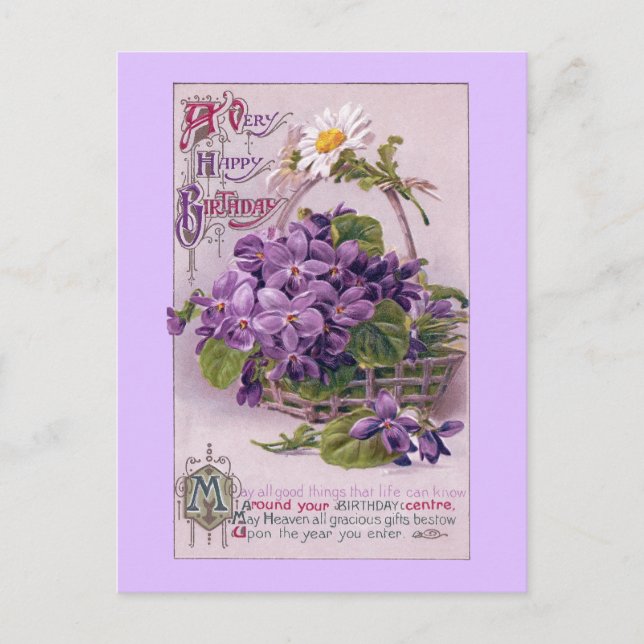 Violets in Basket Vintage Birthday Postcard (Front)