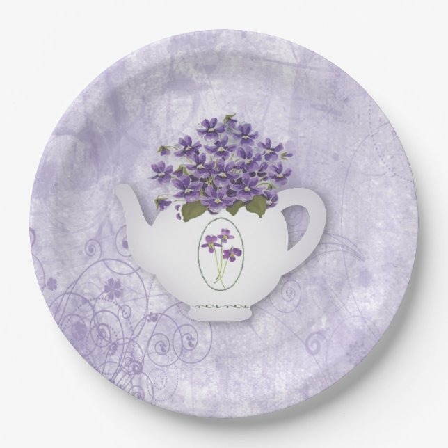 Violets In Teapot Paper Plate (Front)
