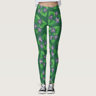 Violets on emerald green leggings
