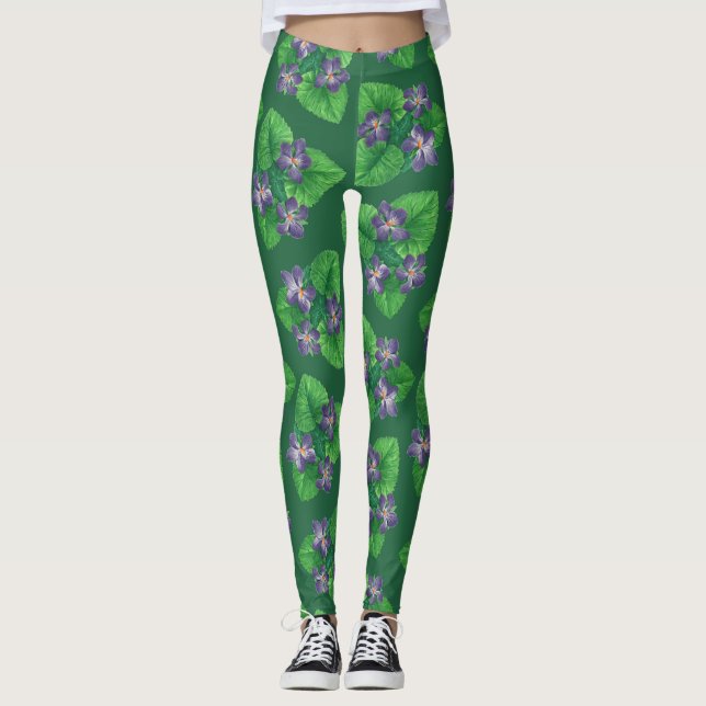 Violets on  emerald green leggings (Front)