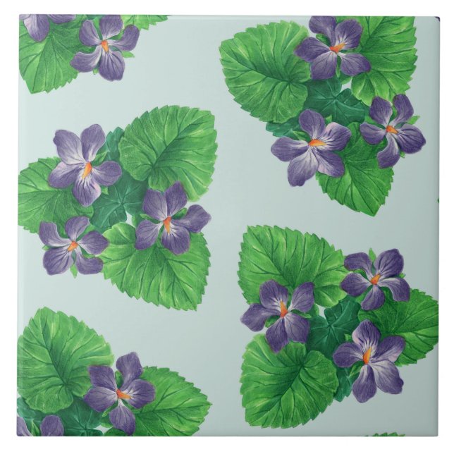 Violets on sea glass blue tile (Front)