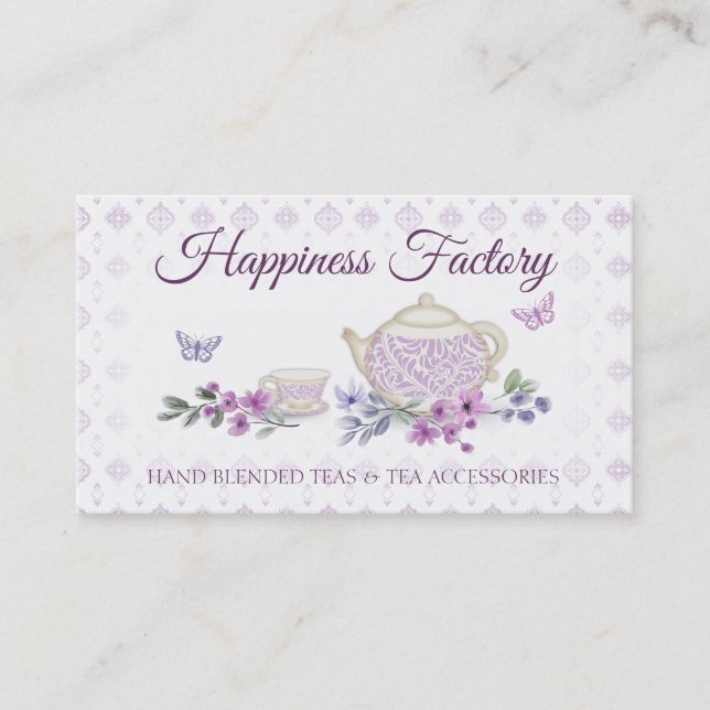 violets tea cup teapot butterflies business card (Front)