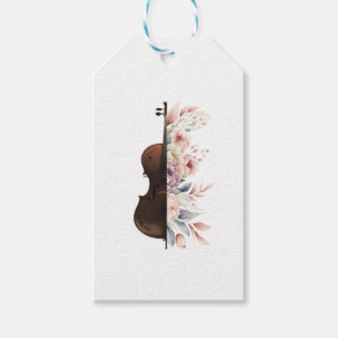Violin among flowers. Bouquet of flowers. Gift Tags