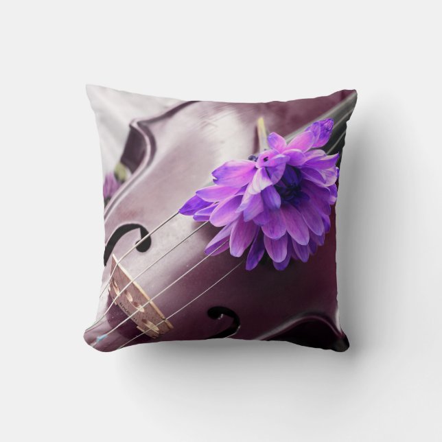 Violin and a Purple Flower Modern Art Pillow (Front)