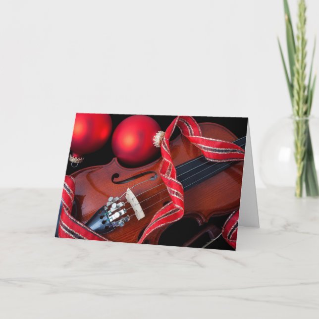 Violin and red christmas ornaments holiday card (Front)