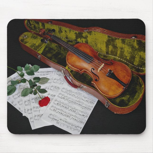 Violin and red rose on black background mouse mat (Front)
