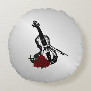 Violin and Roses Silver Round Cushion