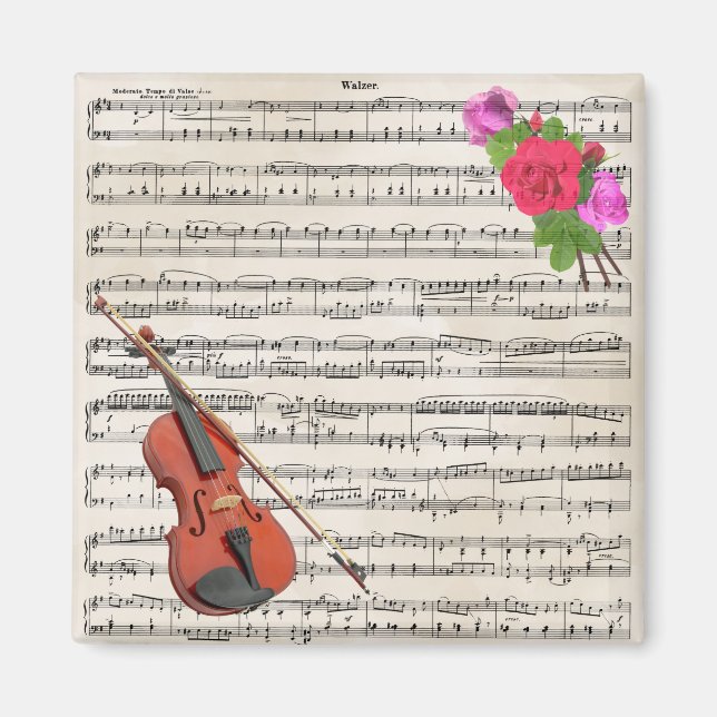 Violin and Roses Vintage Sheet Music Design Magnet (Front)
