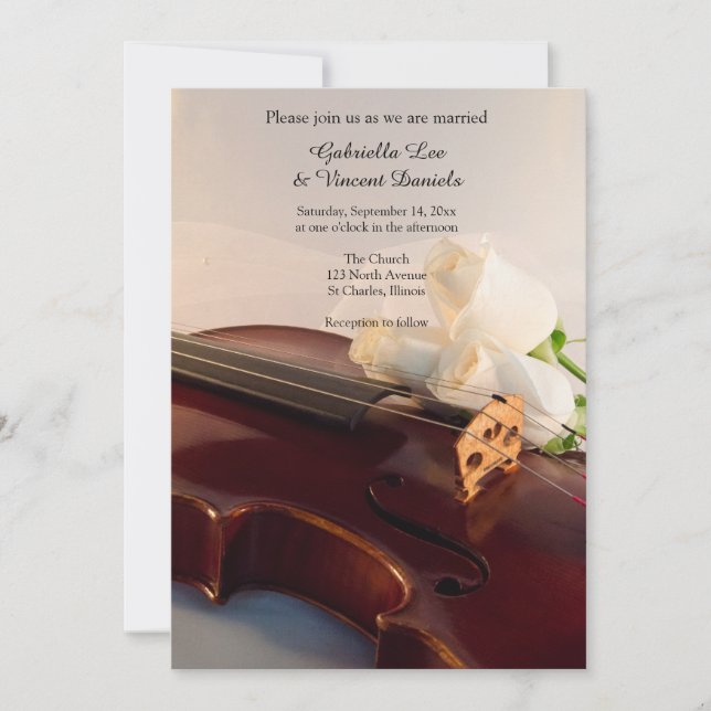 Violin and White Rose Flowers Wedding Invitation (Front)