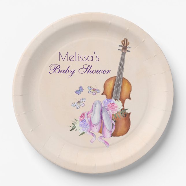 Violin, Ballet Shoes and Butterflies Baby Shower Paper Plate (Front)