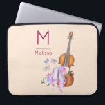 Violin, Ballet Shoes and Butterflies Monogram Laptop Sleeve<br><div class="desc">A laptop sleeve with a soft feminine design. Illustrated with a watercolor image of a wooden violin,  some pink ballet slippers resting against it and decorated with flowers and butterflies.  Set on a peach pink coloured background.  Personalise with a monogram initial and name.</div>