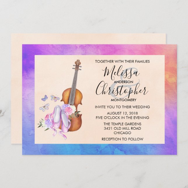 Violin, Ballet Shoes, and Butterflies Wedding Invitation (Front/Back)