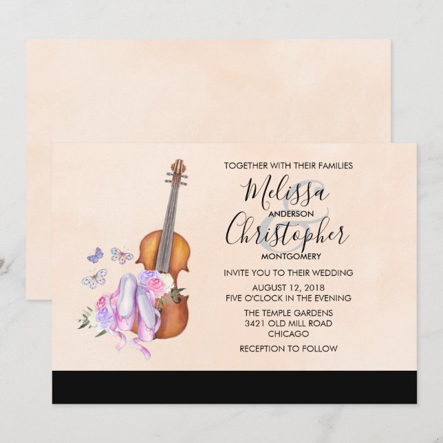 Violin, Ballet Shoes, and Butterflies Wedding Invitation (Front/Back)