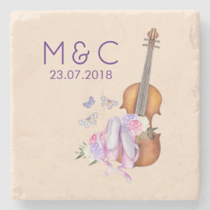 Violin, Ballet Shoes and Butterflies Wedding Stone Coaster