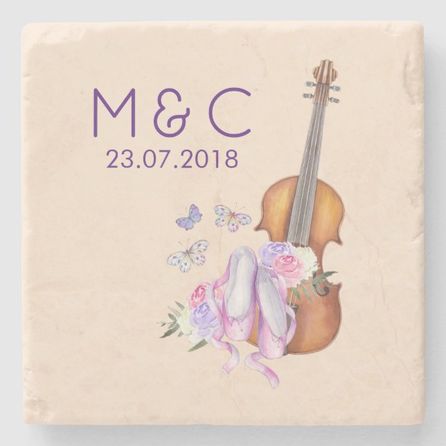 Violin, Ballet Shoes and Butterflies Wedding Stone Coaster (Front)