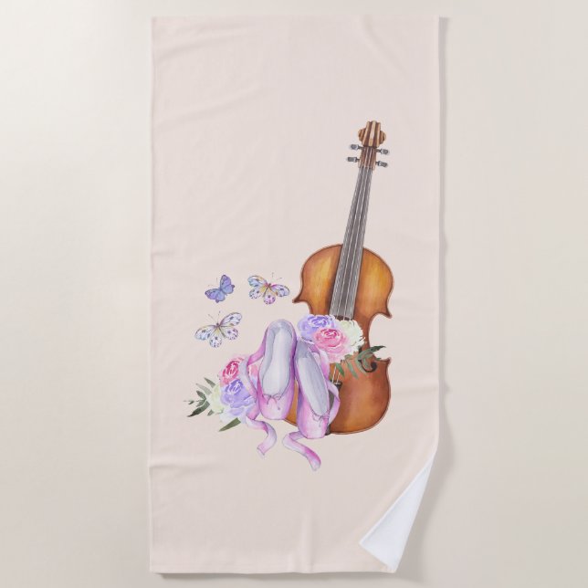 Violin, Ballet Shoes, Flowers and Butterflies Beach Towel (Front)