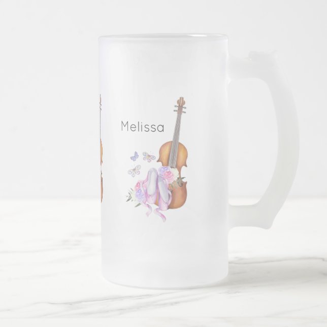 Violin, Ballet Shoes, Flowers and Butterflies Frosted Glass Beer Mug (Right)